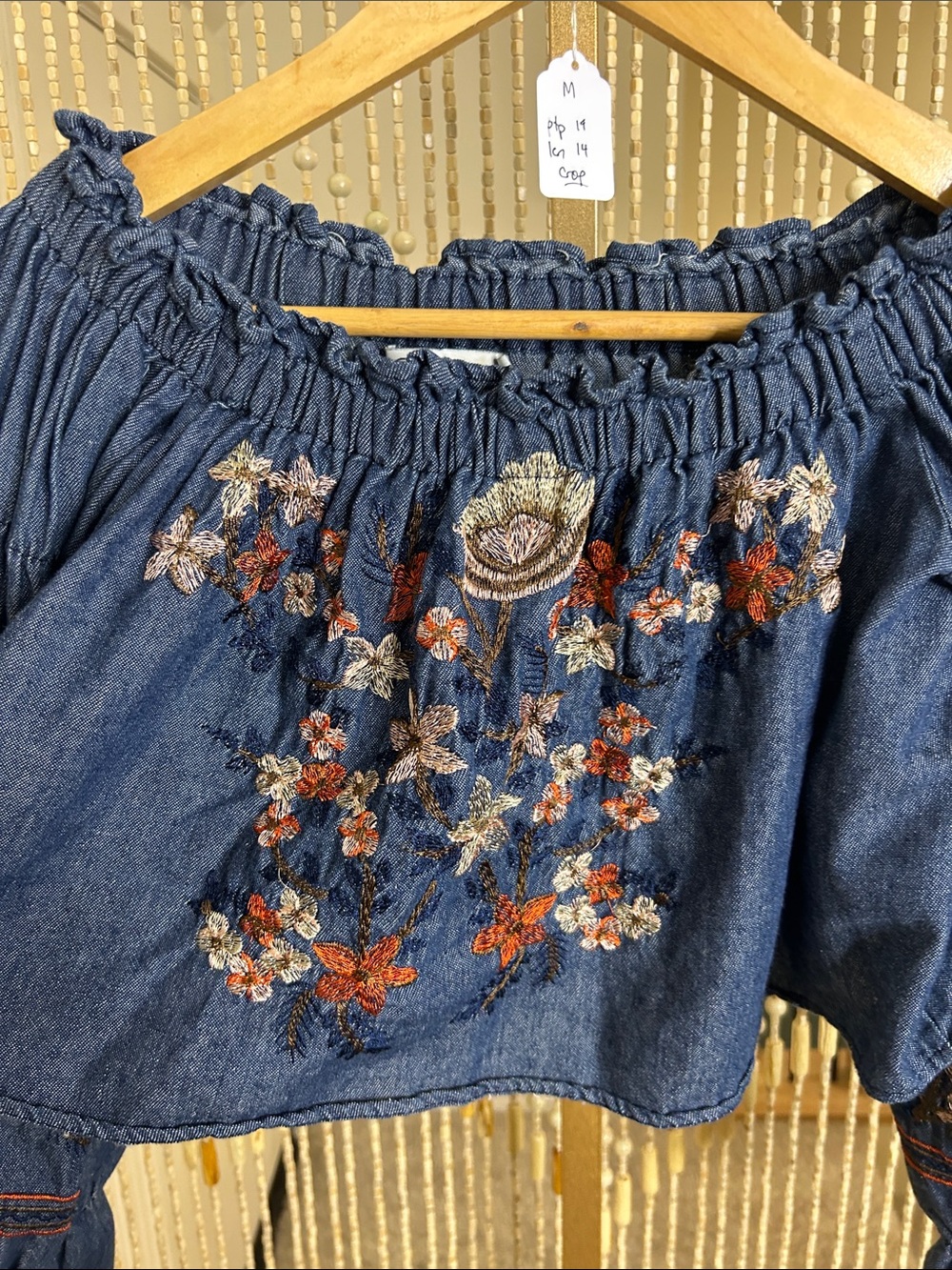 Embroidered Off-Shoulder Denim Blouse - Blue - Picture 14 of 15